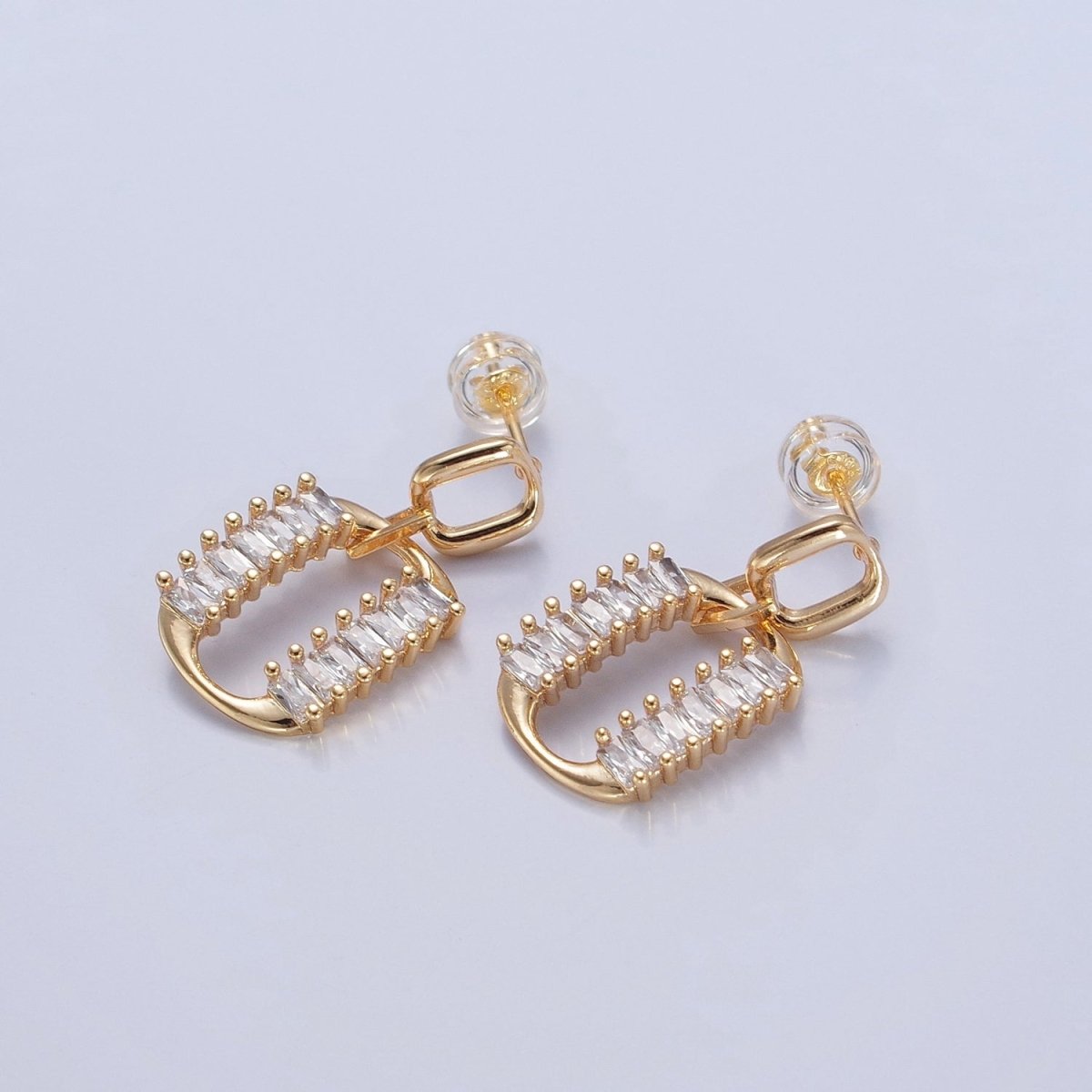 Dainty Gold Rectangle Post Earring with Clear Baguette Drop Earring Stud V-437 - DLUXCA