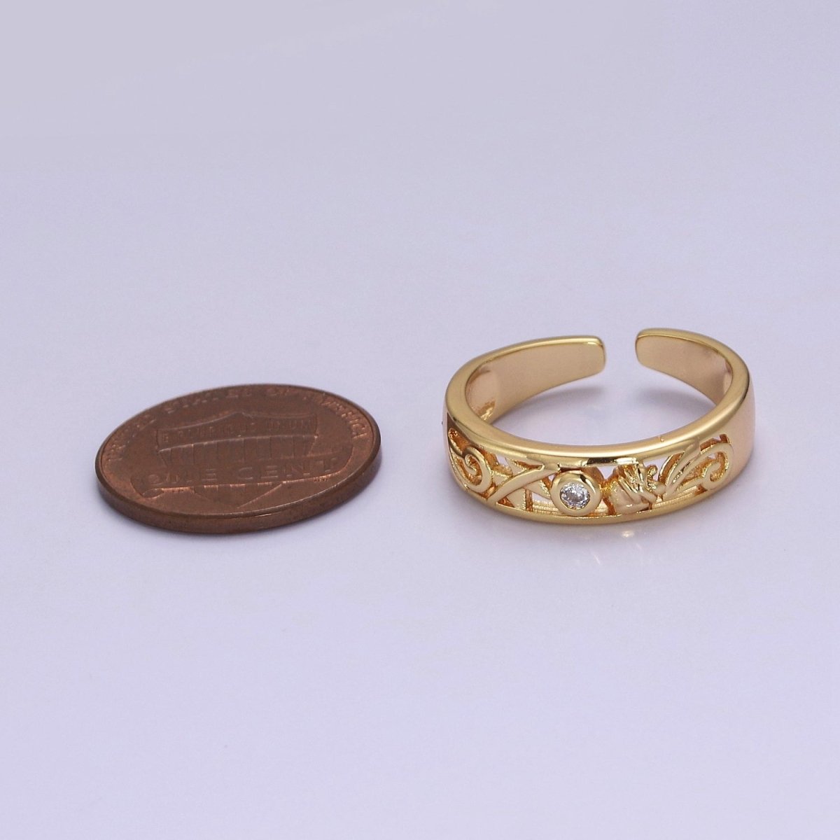 Dainty Gold Ring Carved Art with Round Bezel Cut Cz Stone O-2082 - DLUXCA