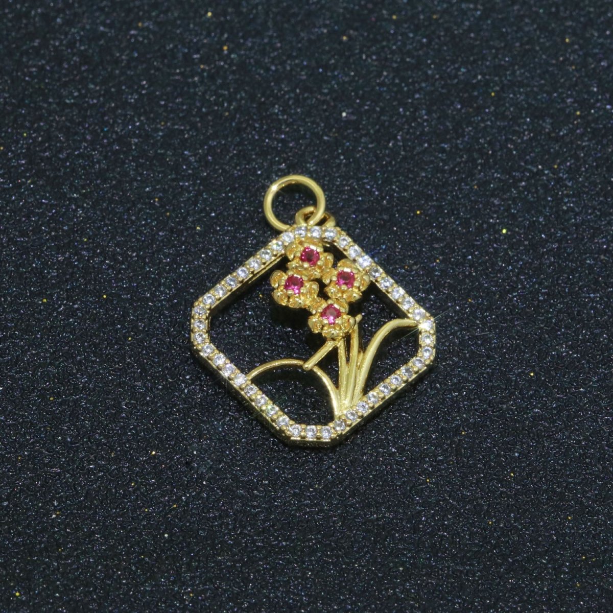 Dainty Gold Secret Garden Charm Micro Pave Wild Flower pendant M-690 - DLUXCA