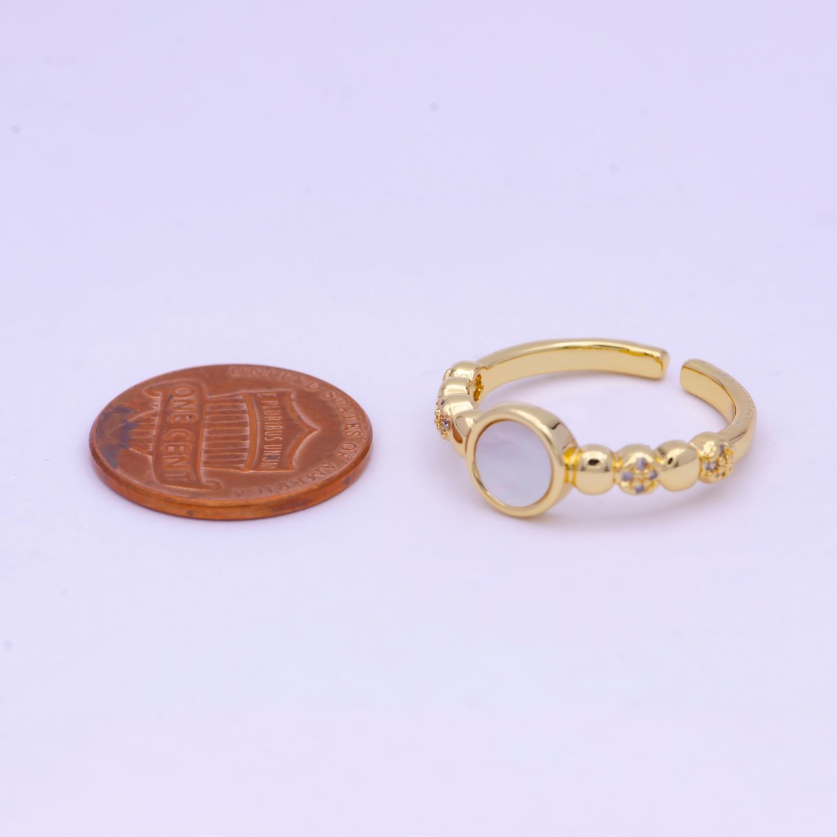 Dainty Gold Shell Pearl Ring with Beaded Ball Band Open Adjustable S-236 - DLUXCA