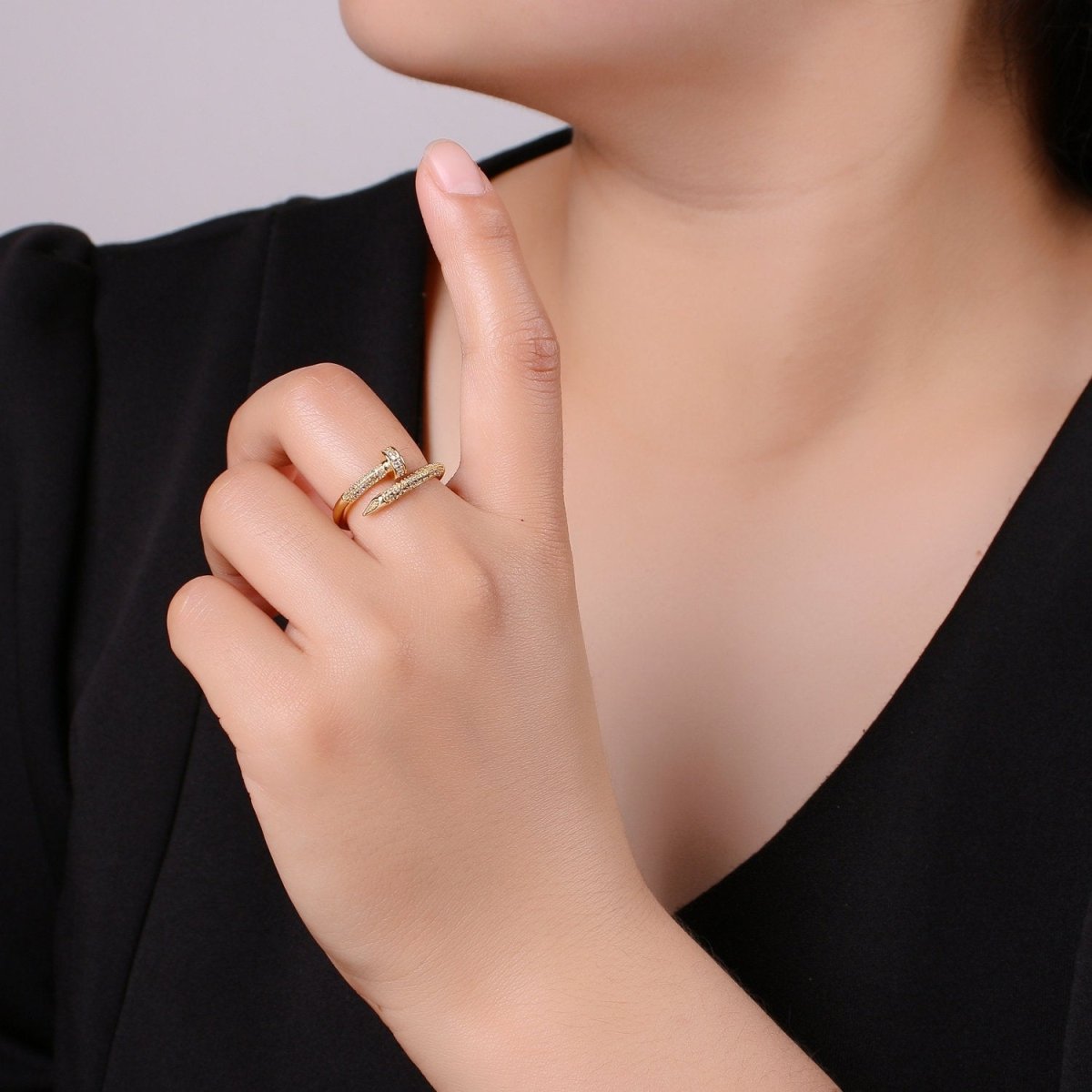 Dainty Gold Spiral Needle Ring Design Minimalist Modern Trending Stackable Streetwear Open Ring Accessory Micro Pave Adjustable Ring R-101 - DLUXCA