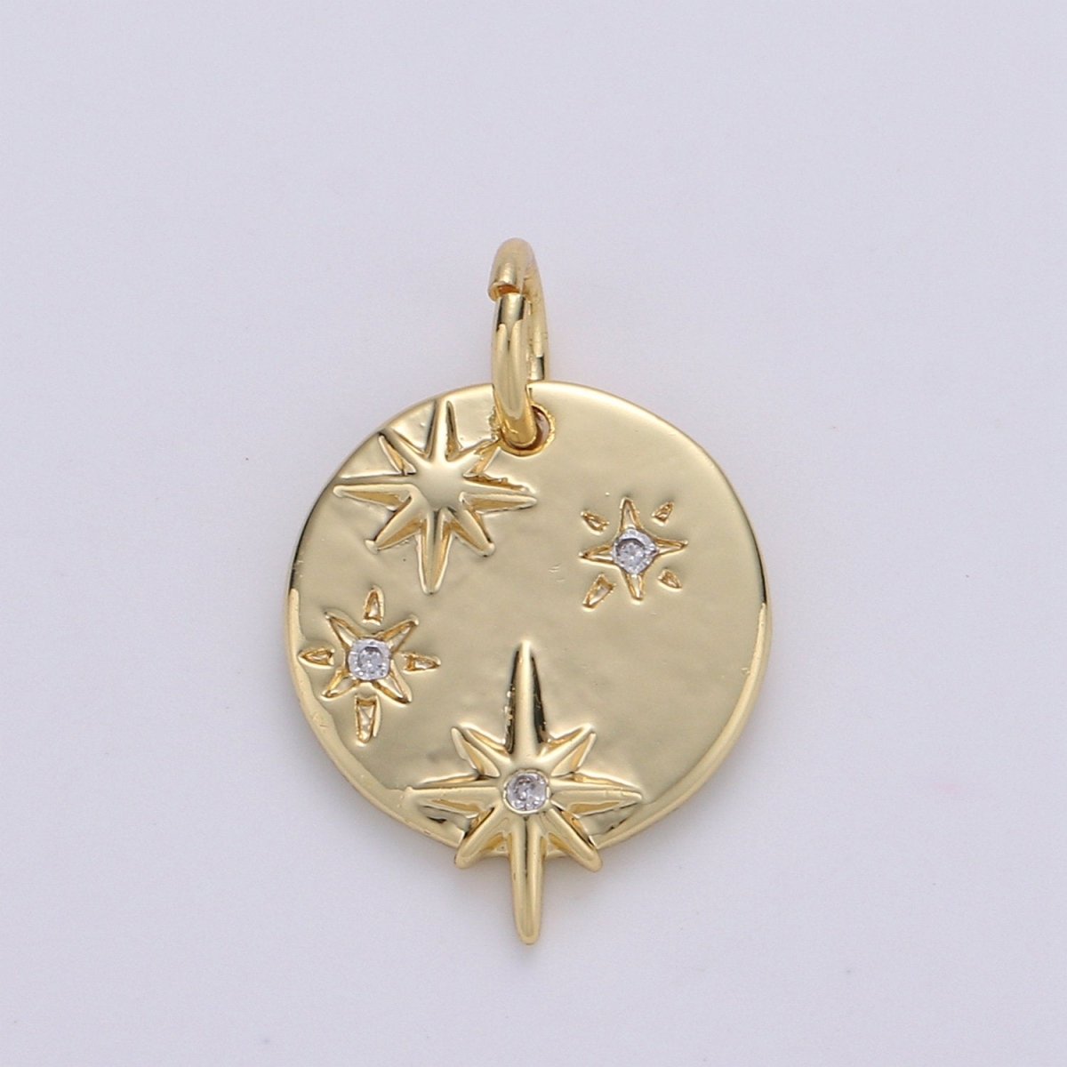 Dainty Gold Star charms, Micro Pave Starry Night charm Round Disc pendant Twinkle Little Star pendant Necklace pendant Celestial Jewelry D-212 - DLUXCA