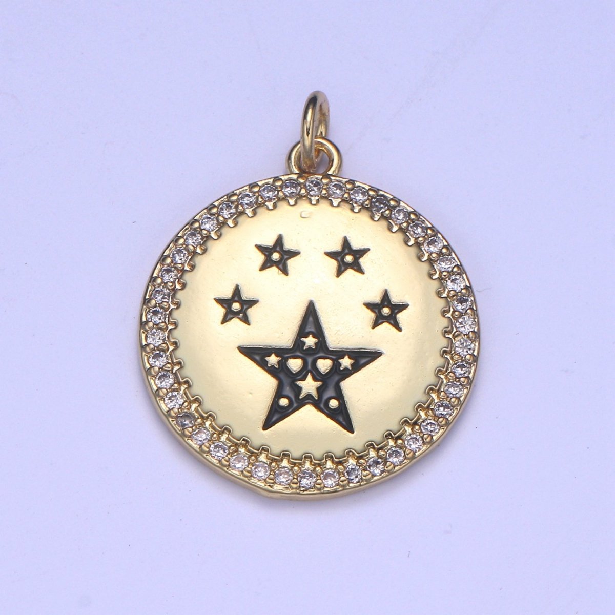 Dainty Gold Star Medallion Pendant - 14k gold Filled Micro Pave Five Star Round Disc Charm Necklace Pendant E-283 - E-285 - DLUXCA
