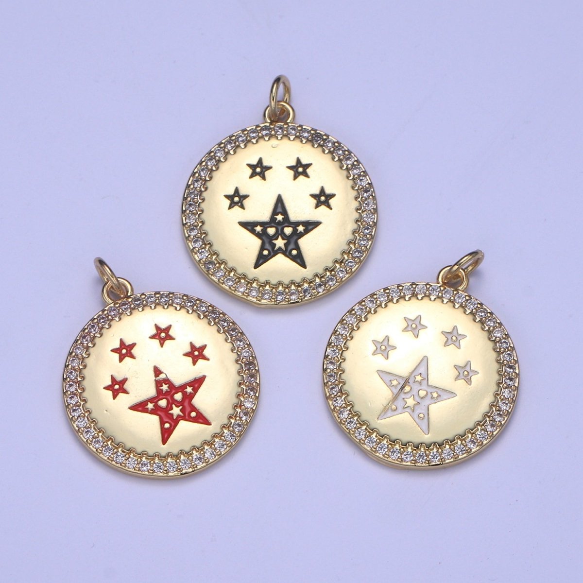 Dainty Gold Star Medallion Pendant - 14k gold Filled Micro Pave Five Star Round Disc Charm Necklace Pendant E-283 - E-285 - DLUXCA