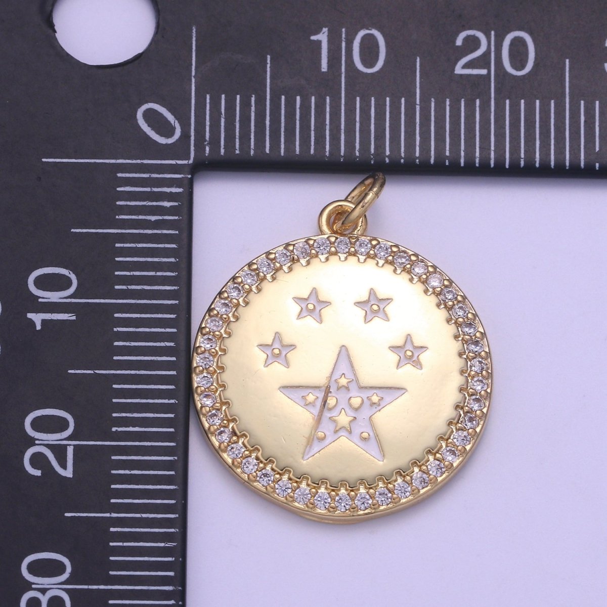 Dainty Gold Star Medallion Pendant - 14k gold Filled Micro Pave Five Star Round Disc Charm Necklace Pendant E-283 - E-285 - DLUXCA