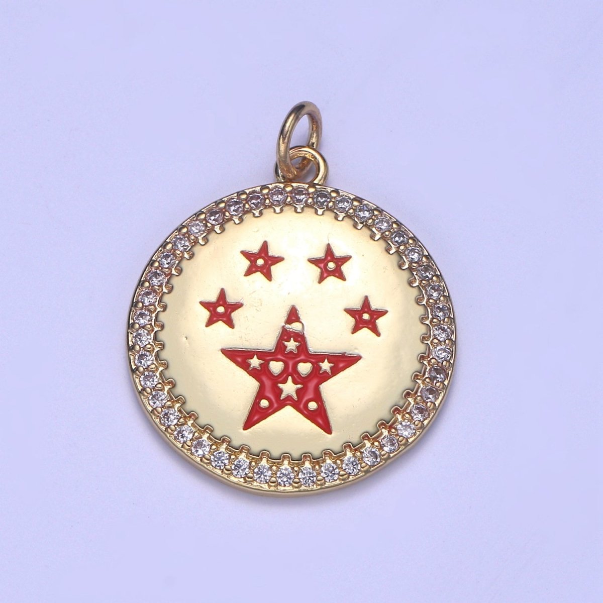 Dainty Gold Star Medallion Pendant - 14k gold Filled Micro Pave Five Star Round Disc Charm Necklace Pendant E-283 - E-285 - DLUXCA