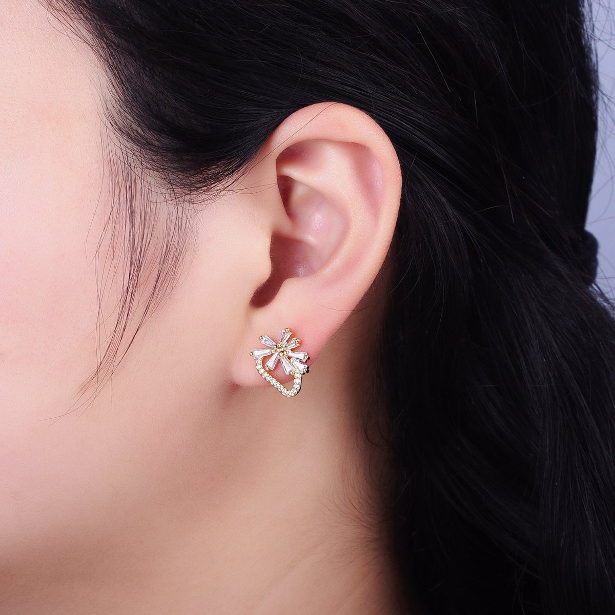 Dainty Gold Strawberry Stud Earring with Baguette Cz Micro Pave Stone AB938 - DLUXCA