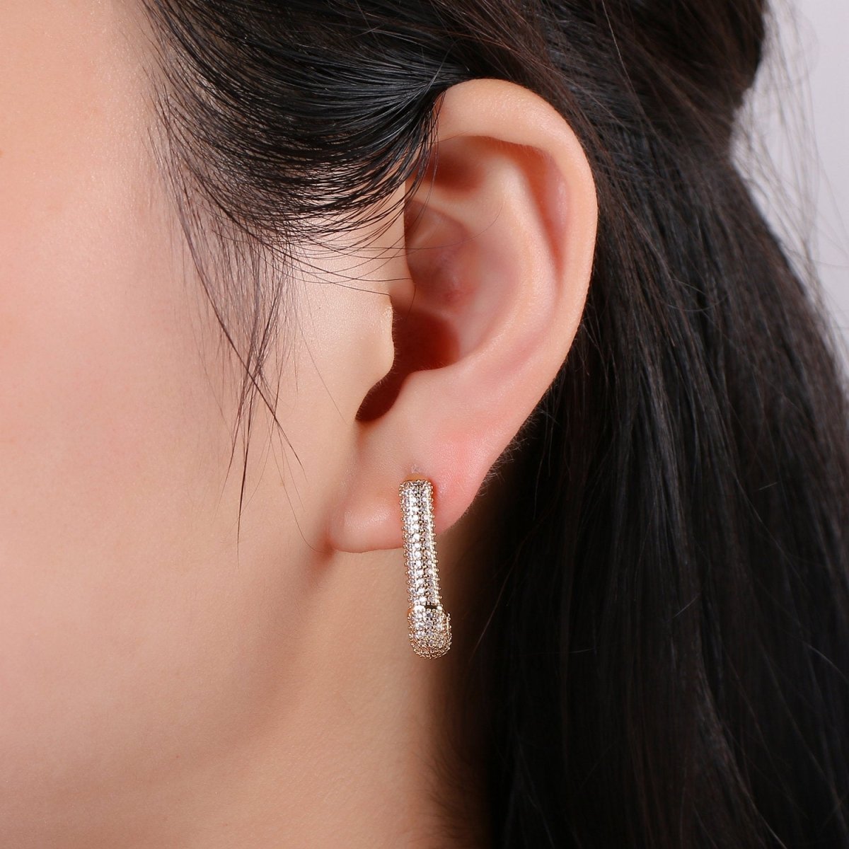 Dainty Gold Stud Earring Dangle Hoop Earrings, Micro Pave Statement Earrings, Minimalist Earrings CZ Cubic Simple earring Gift for Her K-623 - DLUXCA