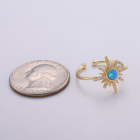 Dainty gold Sun ring , Moon Sun Ring, Blue Opal Ring Gold, Starburst Ring, Tiny Sun Ring, Sunburst Ring, stackable R-201 - DLUXCA
