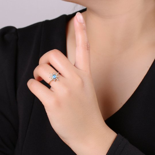 Dainty gold Sun ring , Moon Sun Ring, Blue Opal Ring Gold, Starburst Ring, Tiny Sun Ring, Sunburst Ring, stackable R-201 - DLUXCA