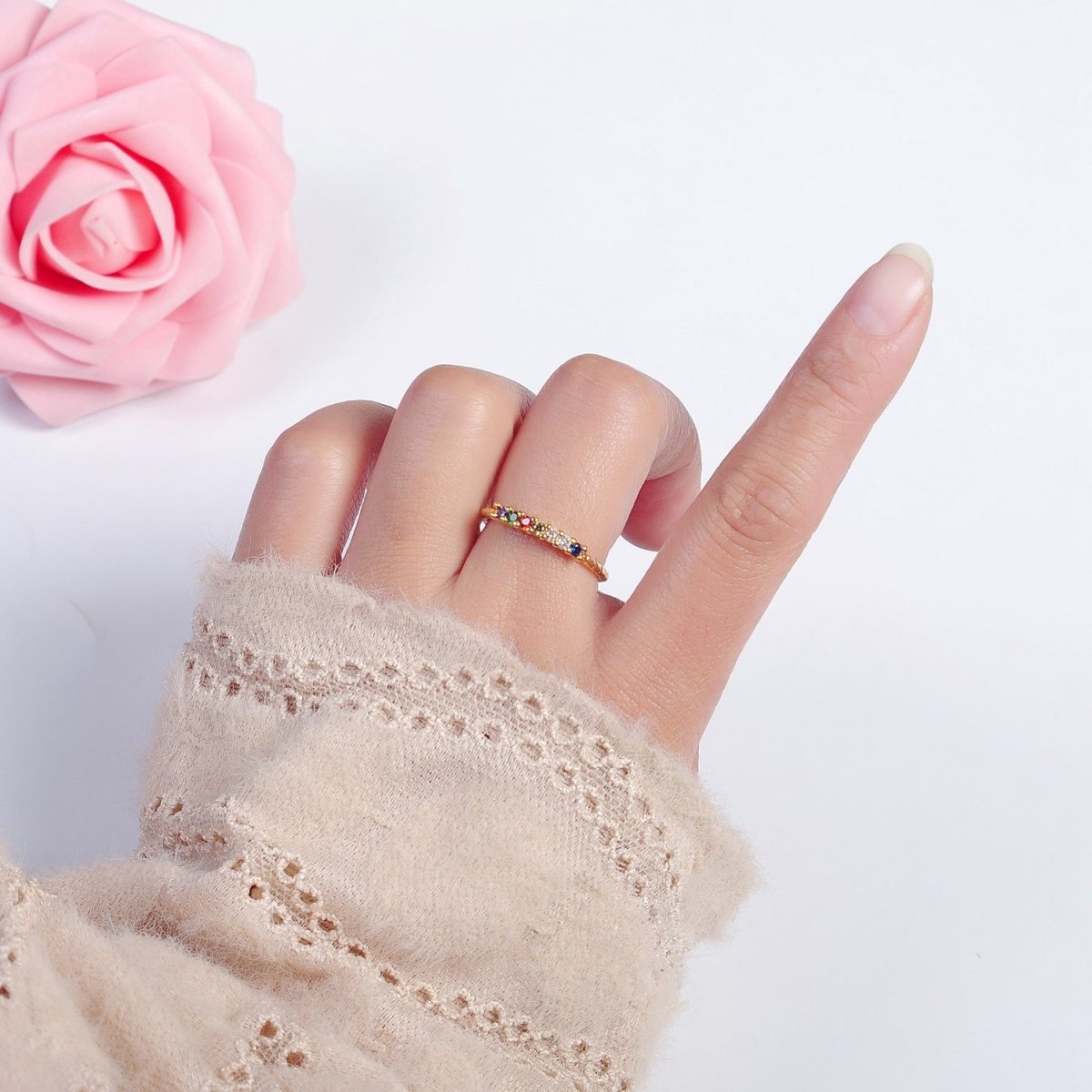 Dainty Gold Twist Band Simple Band with Colorful CZ Stone Adjustable Ring O-2131 - DLUXCA
