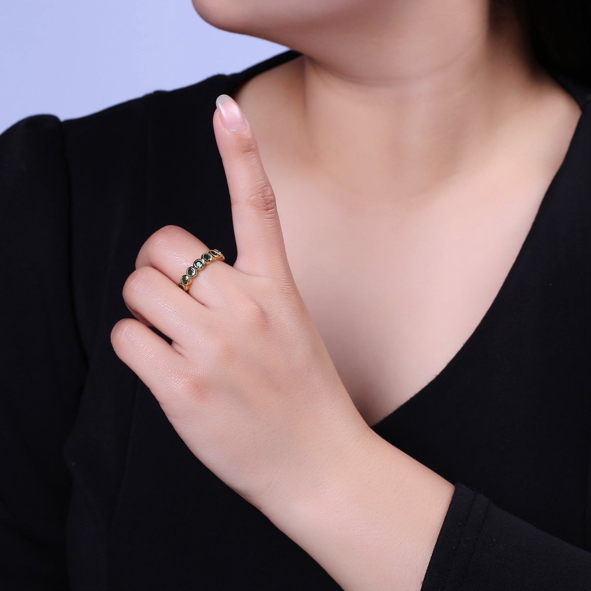 Dainty Green Gold Emerald CZ Ring Cubic Zirconia Minimalist Ring Dainty Green CZ Adjustable Ring S-501 - DLUXCA