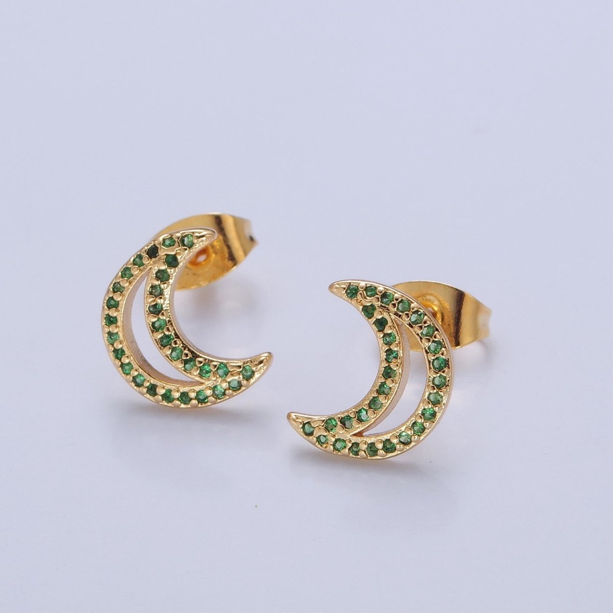 Dainty Green Pave Crescent Moon Stud Earring T-423 - DLUXCA