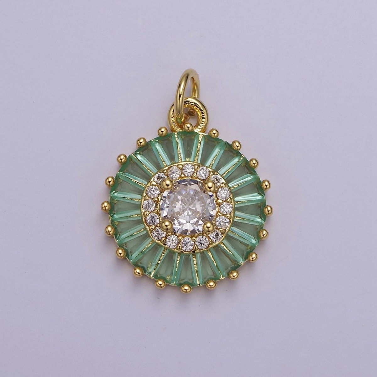 Dainty Green, Pink, Clear, Teal Cubic Zirconia Sun Charm Round Circle Disc CZ Charm for Add on Charm E-720 E-721 E-722 E-723 E-724 - DLUXCA