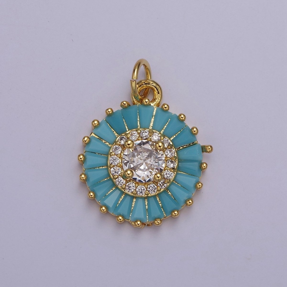 Dainty Green, Pink, Clear, Teal Cubic Zirconia Sun Charm Round Circle Disc CZ Charm for Add on Charm E-720 E-721 E-722 E-723 E-724 - DLUXCA