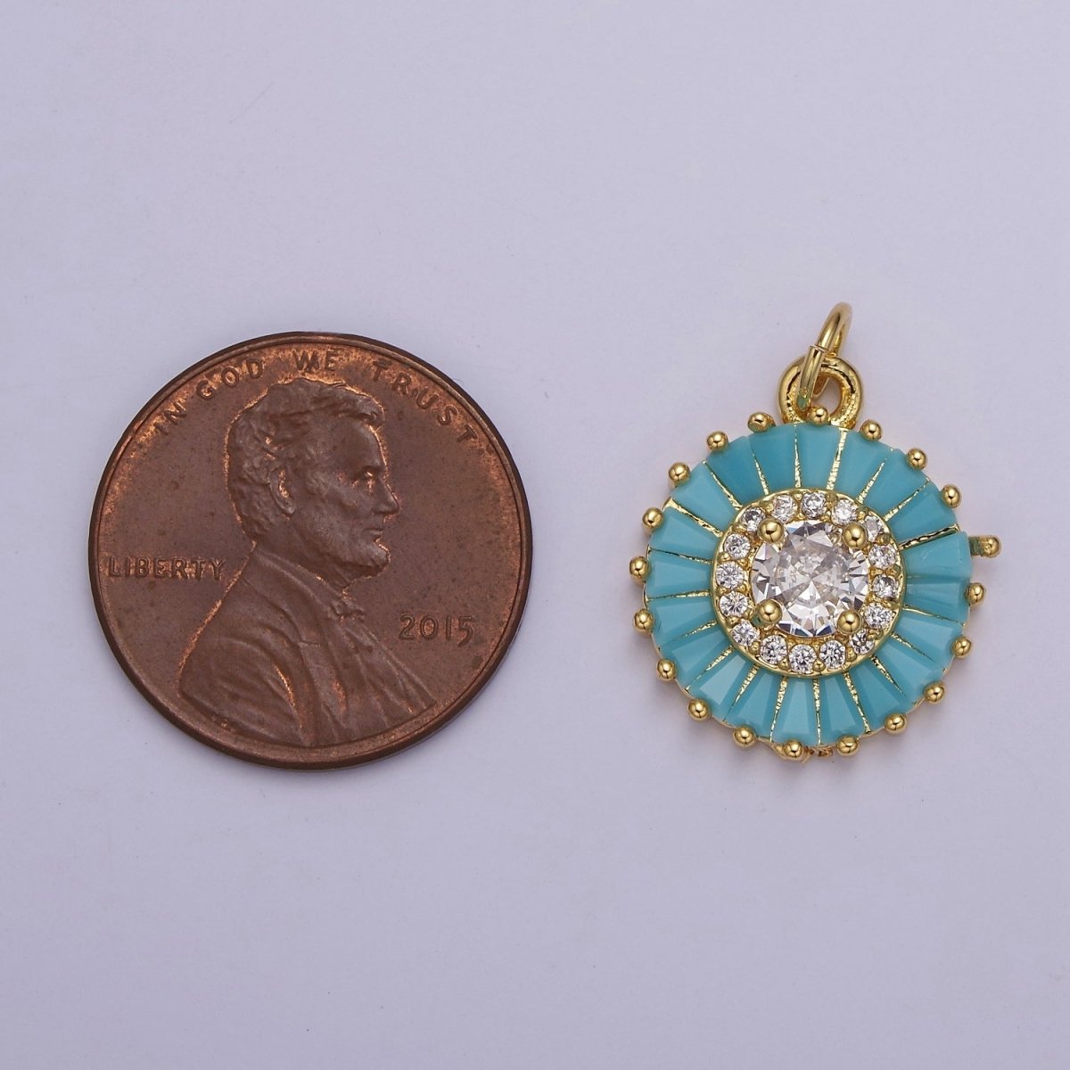 Dainty Green, Pink, Clear, Teal Cubic Zirconia Sun Charm Round Circle Disc CZ Charm for Add on Charm E-720 E-721 E-722 E-723 E-724 - DLUXCA