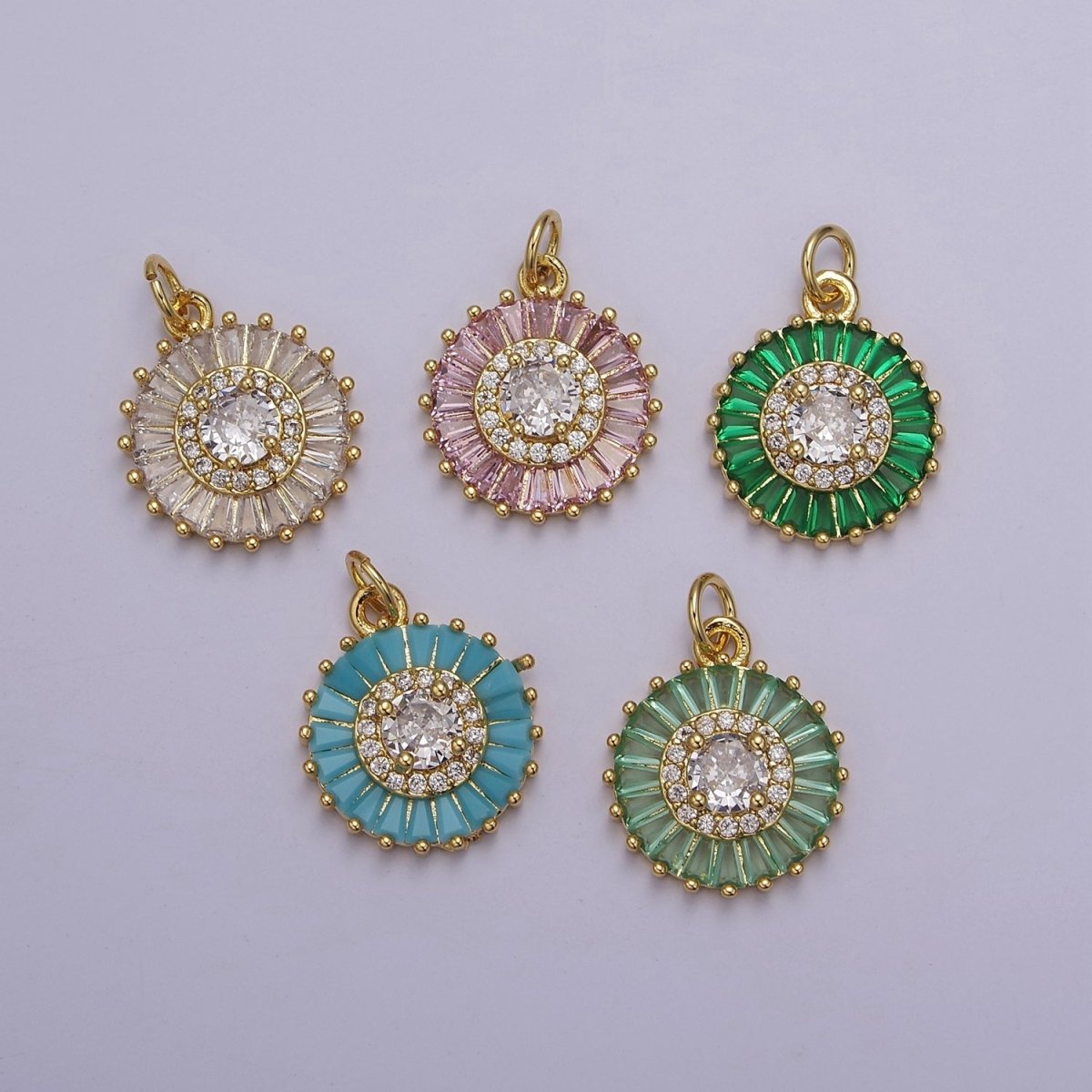 Dainty Green, Pink, Clear, Teal Cubic Zirconia Sun Charm Round Circle Disc CZ Charm for Add on Charm E-720 E-721 E-722 E-723 E-724 - DLUXCA