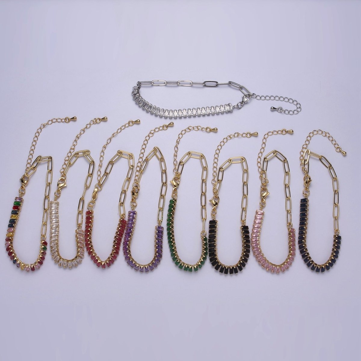 Dainty Half Baguette Tennis Half Paperclip Bracelet Gold Filled Tennis Bracelet, Cubic Zirconia Fusion Bracelet | WA-839 to WA-852 Clearance Pricing - DLUXCA