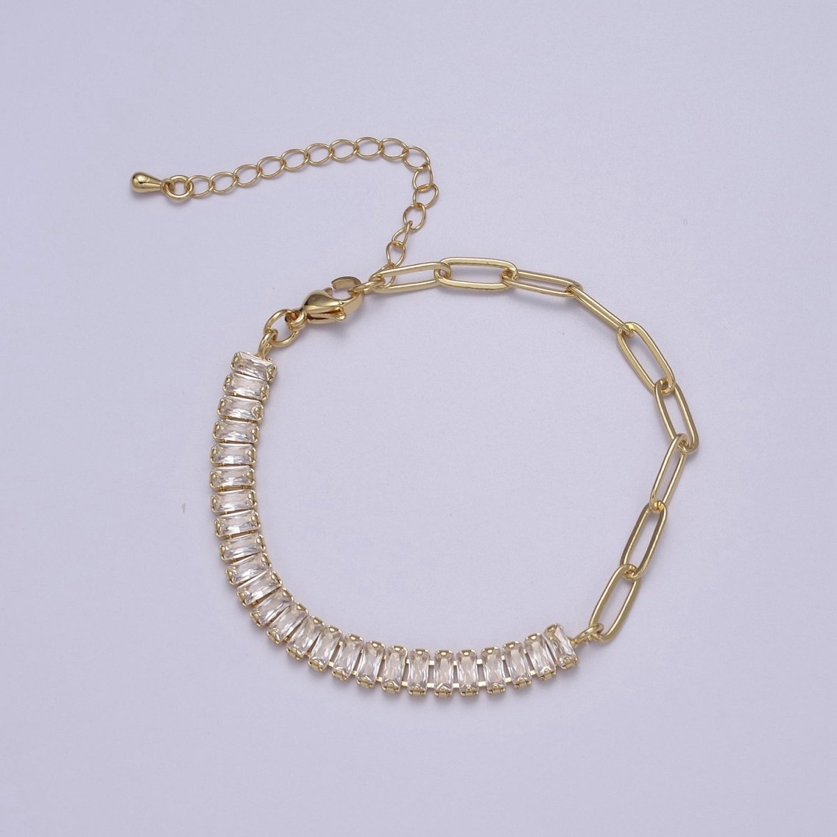 Dainty Half Baguette Tennis Half Paperclip Bracelet Gold Filled Tennis Bracelet, Cubic Zirconia Fusion Bracelet | WA-839 to WA-852 Clearance Pricing - DLUXCA