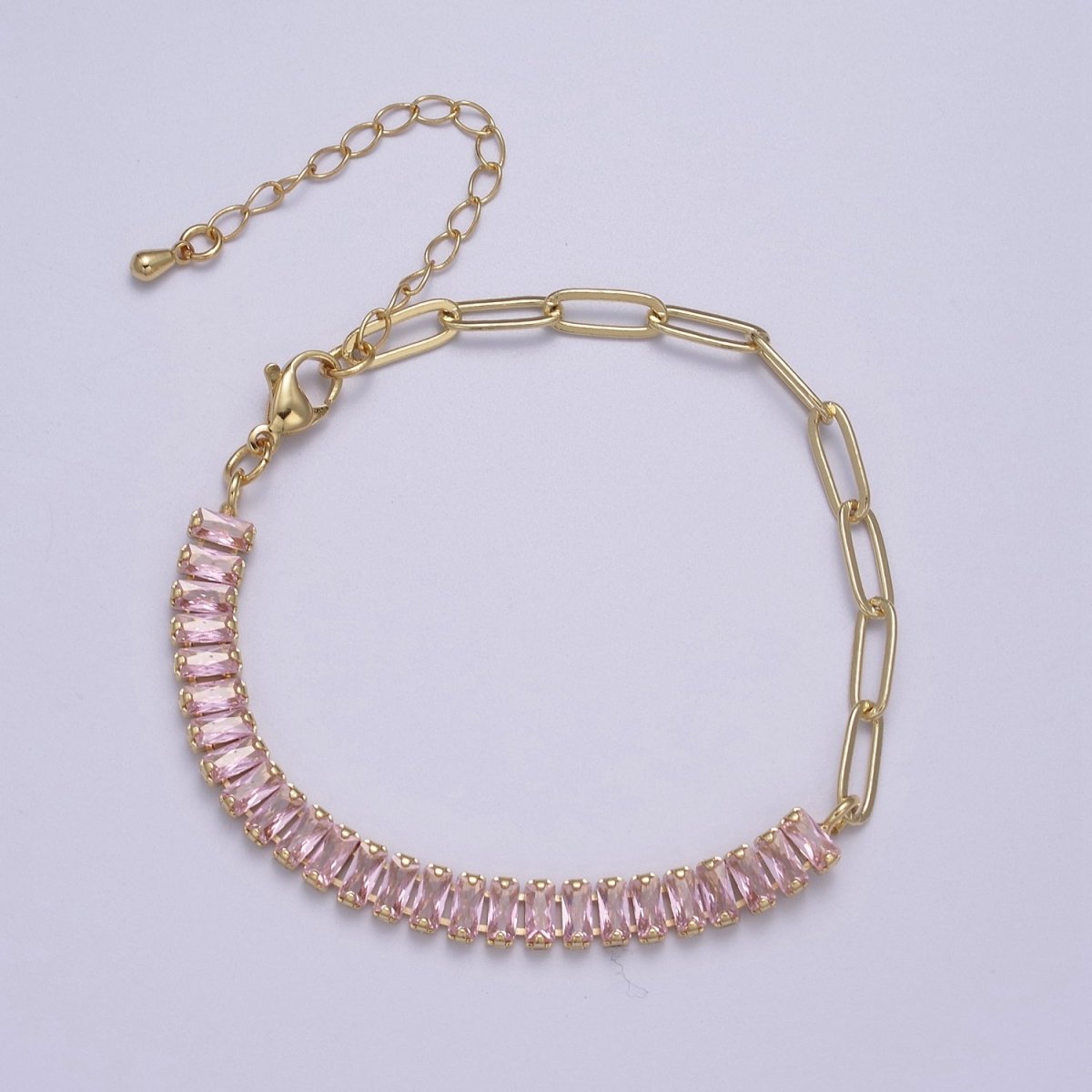Dainty Half Baguette Tennis Half Paperclip Bracelet Gold Filled Tennis Bracelet, Cubic Zirconia Fusion Bracelet | WA-839 to WA-852 Clearance Pricing - DLUXCA