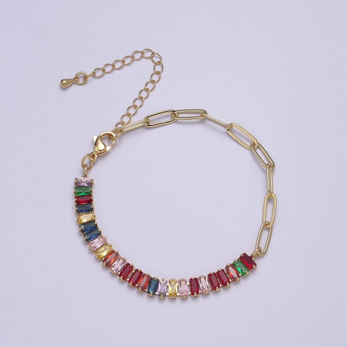 Dainty Half Baguette Tennis Half Paperclip Bracelet Gold Filled Tennis Bracelet, Cubic Zirconia Fusion Bracelet | WA-839 to WA-852 Clearance Pricing - DLUXCA