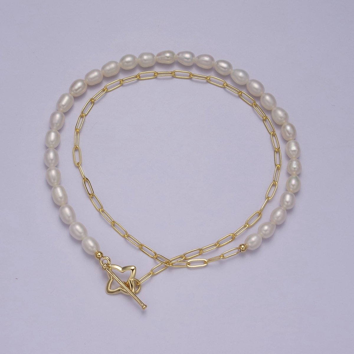 Dainty Half Baroque Pearl Half Paper Clip Chain Necklace 18k Gold Filled Toggle Necklace | WA-878 Clearance Pricing - DLUXCA