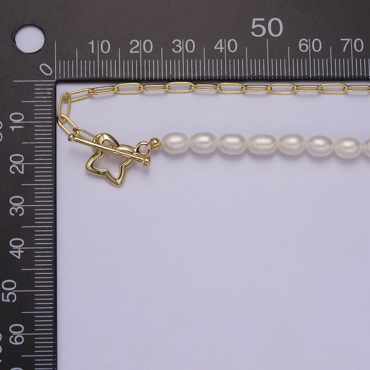Dainty Half Baroque Pearl Half Paper Clip Chain Necklace 18k Gold Filled Toggle Necklace | WA-878 Clearance Pricing - DLUXCA