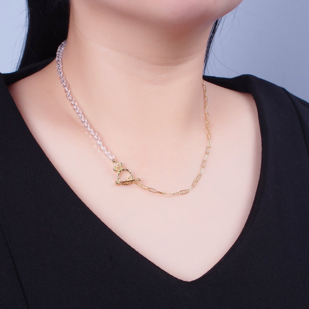 Dainty Half Bead Half Link Chain Necklace, 24k Gold Filled Paperclip Chain with Clear Quartz Necklace Toggle Clasp | WA-967 Clearance Pricing - DLUXCA