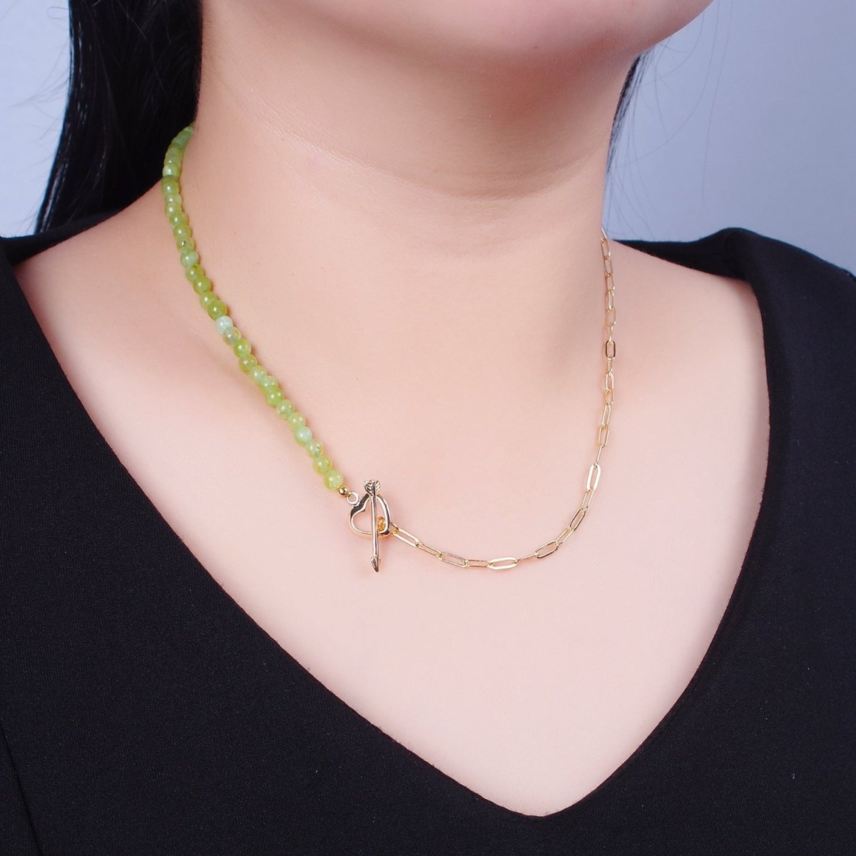 Dainty Half Bead Half Link Chain Necklace, 24k Gold Filled Paperclip Chain with Green Jade Necklace Heart Toggle Clasp | WA-959 Clearance Pricing - DLUXCA