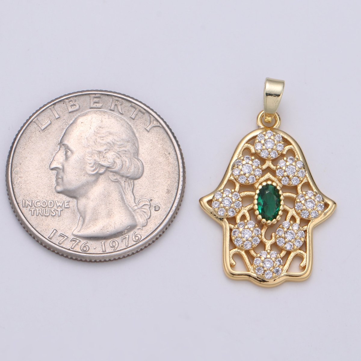 Dainty Hamsa Hand 14K Gold Filled CZ Hamsa Charm, Micro Pave Cubic Green Emerald Hamsa Hand Charm for Necklace Bracelet Component J-267 - DLUXCA