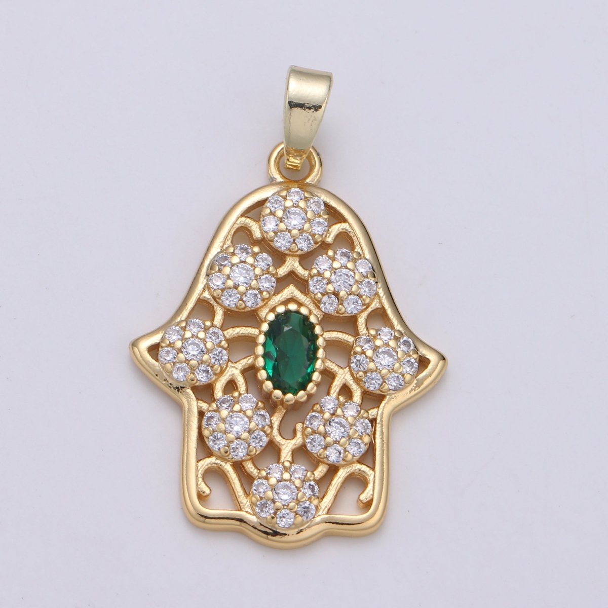 Dainty Hamsa Hand 14K Gold Filled CZ Hamsa Charm, Micro Pave Cubic Green Emerald Hamsa Hand Charm for Necklace Bracelet Component J-267 - DLUXCA