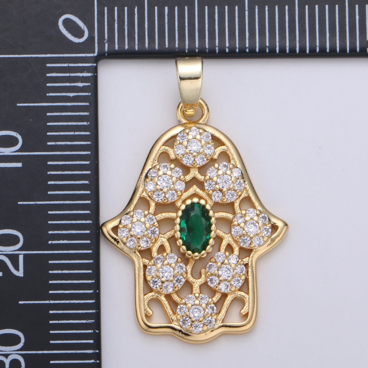 Dainty Hamsa Hand 14K Gold Filled CZ Hamsa Charm, Micro Pave Cubic Green Emerald Hamsa Hand Charm for Necklace Bracelet Component J-267 - DLUXCA