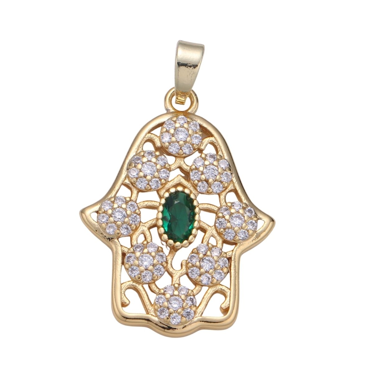 Dainty Hamsa Hand 14K Gold Filled CZ Hamsa Charm, Micro Pave Cubic Green Emerald Hamsa Hand Charm for Necklace Bracelet Component J-267 - DLUXCA