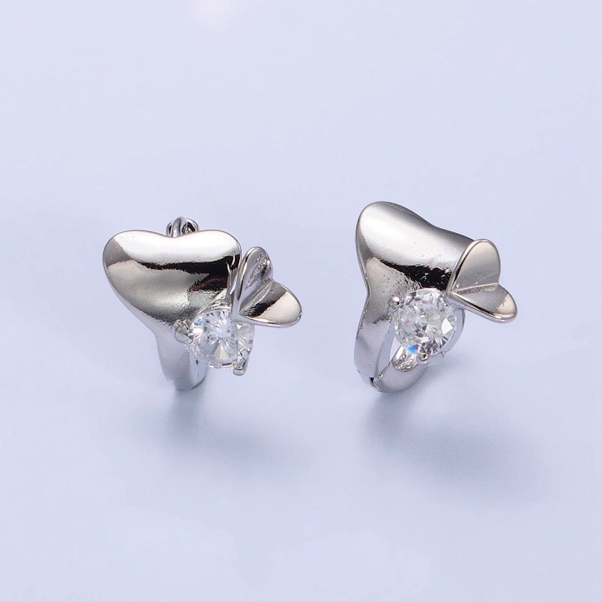 Dainty Heart Huggie Earring Silver Cubic Zirconia Stone Lever Back Earring AB437 AB743 - DLUXCA