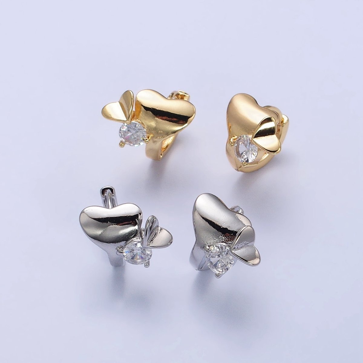 Dainty Heart Huggie Earring Silver Cubic Zirconia Stone Lever Back Earring AB437 AB743 - DLUXCA