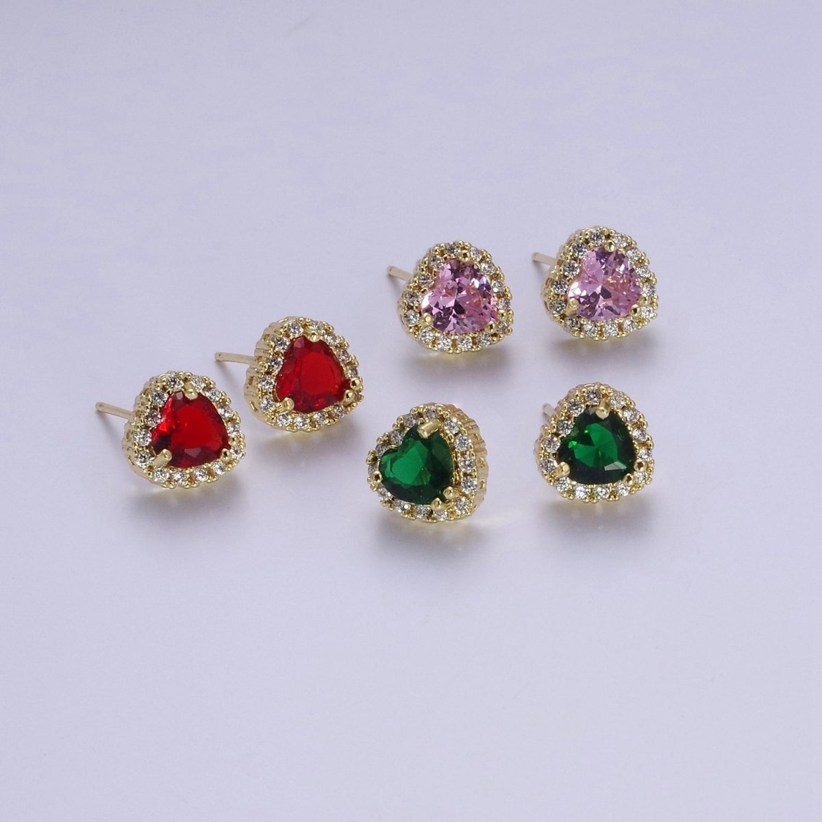 Dainty Heart Stud Earring Red Green Purple Pink CZ Stone V-178 V-179 V-180 - DLUXCA