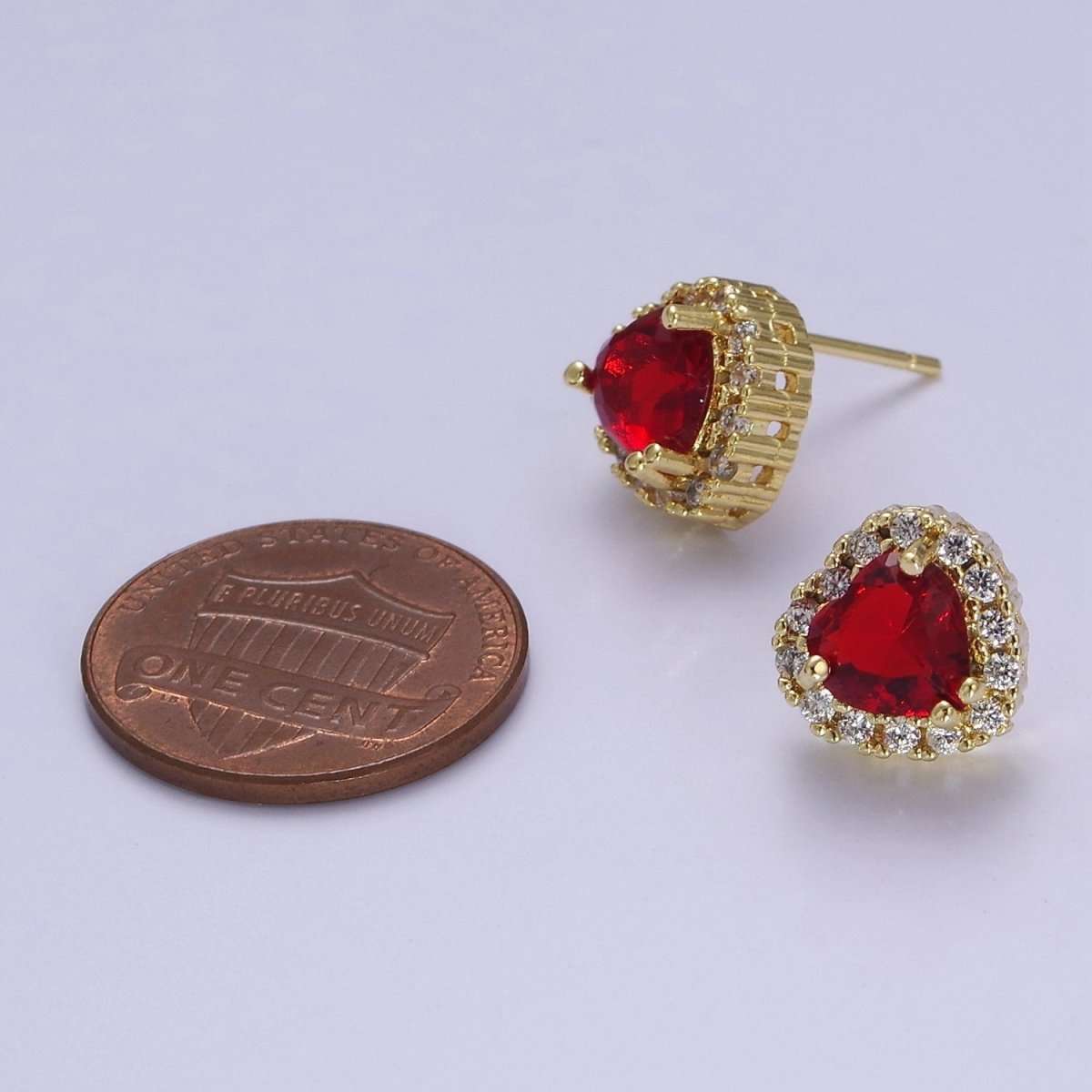 Dainty Heart Stud Earring Red Green Purple Pink CZ Stone V-178 V-179 V-180 - DLUXCA