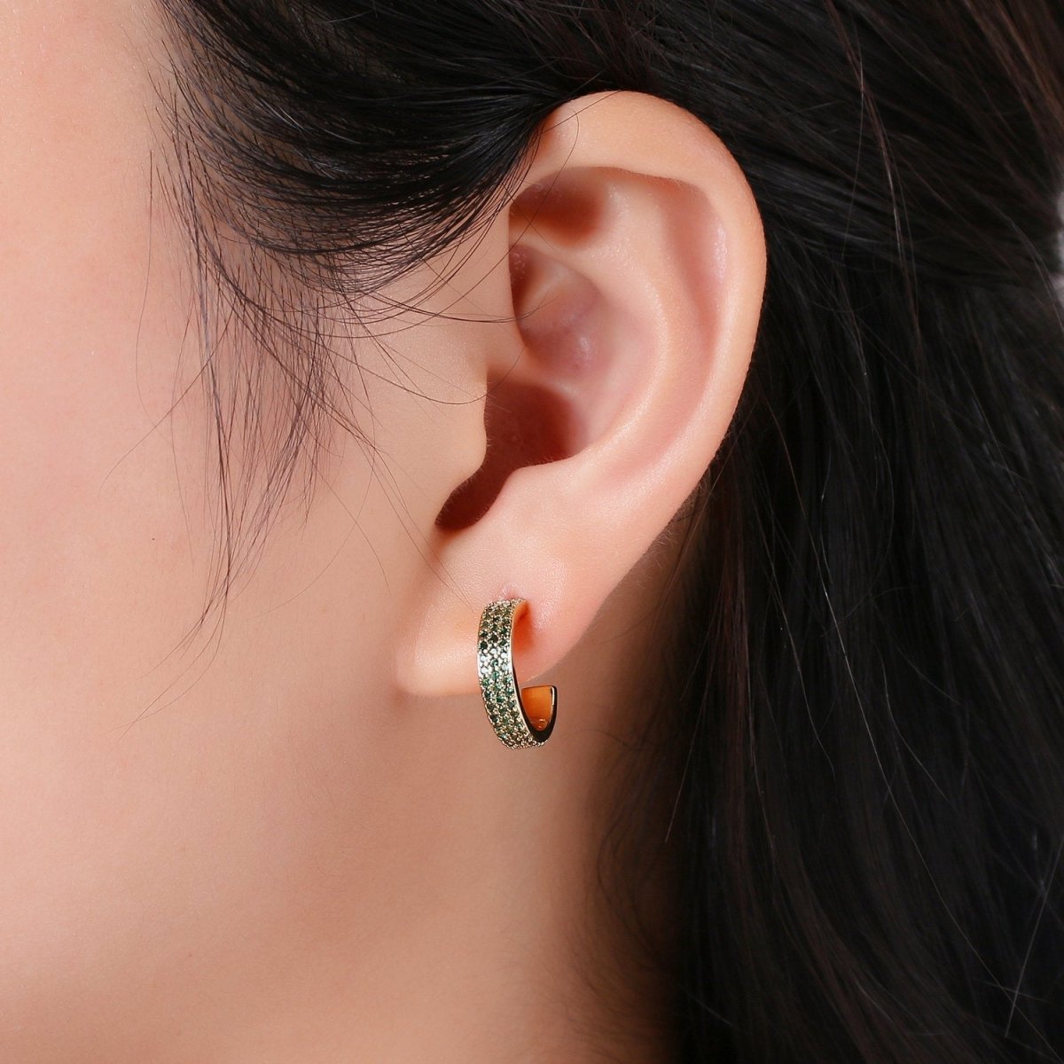 Dainty Hoop Earring in Clear Green Blue Pink Turquoise CZ Micro Pave Earring in Gold Plated lead free, nickel free K-598 K-600 - K-602 - DLUXCA