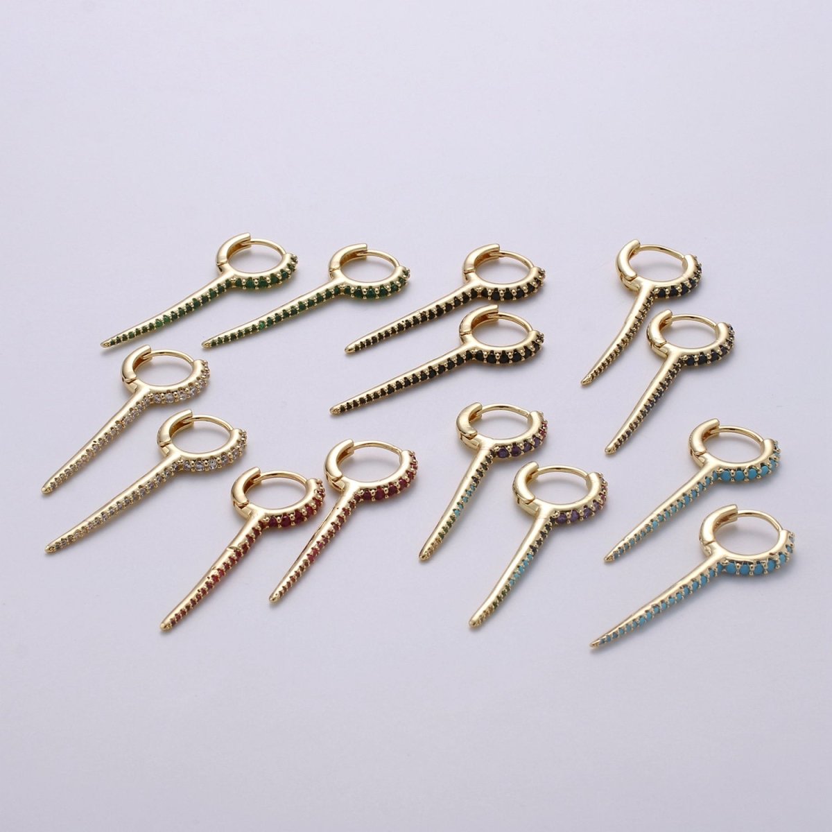 Dainty Huggie earrings, spike earrings, Multi Color hoop earrings, Long Gold Micro Pave Spike Earring Minimal Jewelry Q-165 - Q-171 - DLUXCA