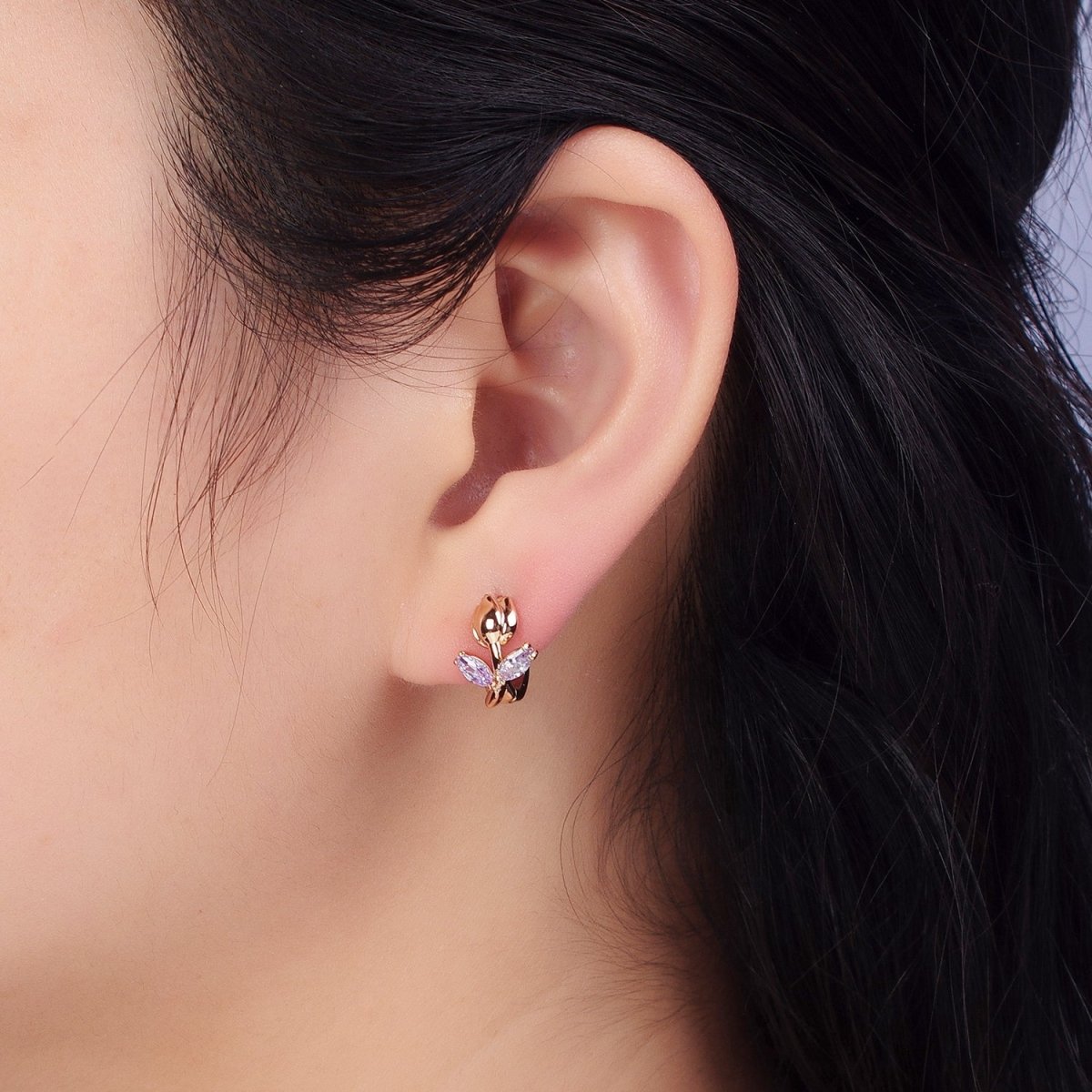 Dainty Huggie Rose CZ Stone Micro Pave Flower Leaf Cz Earring in 18k Gold Filled AB1028 - DLUXCA