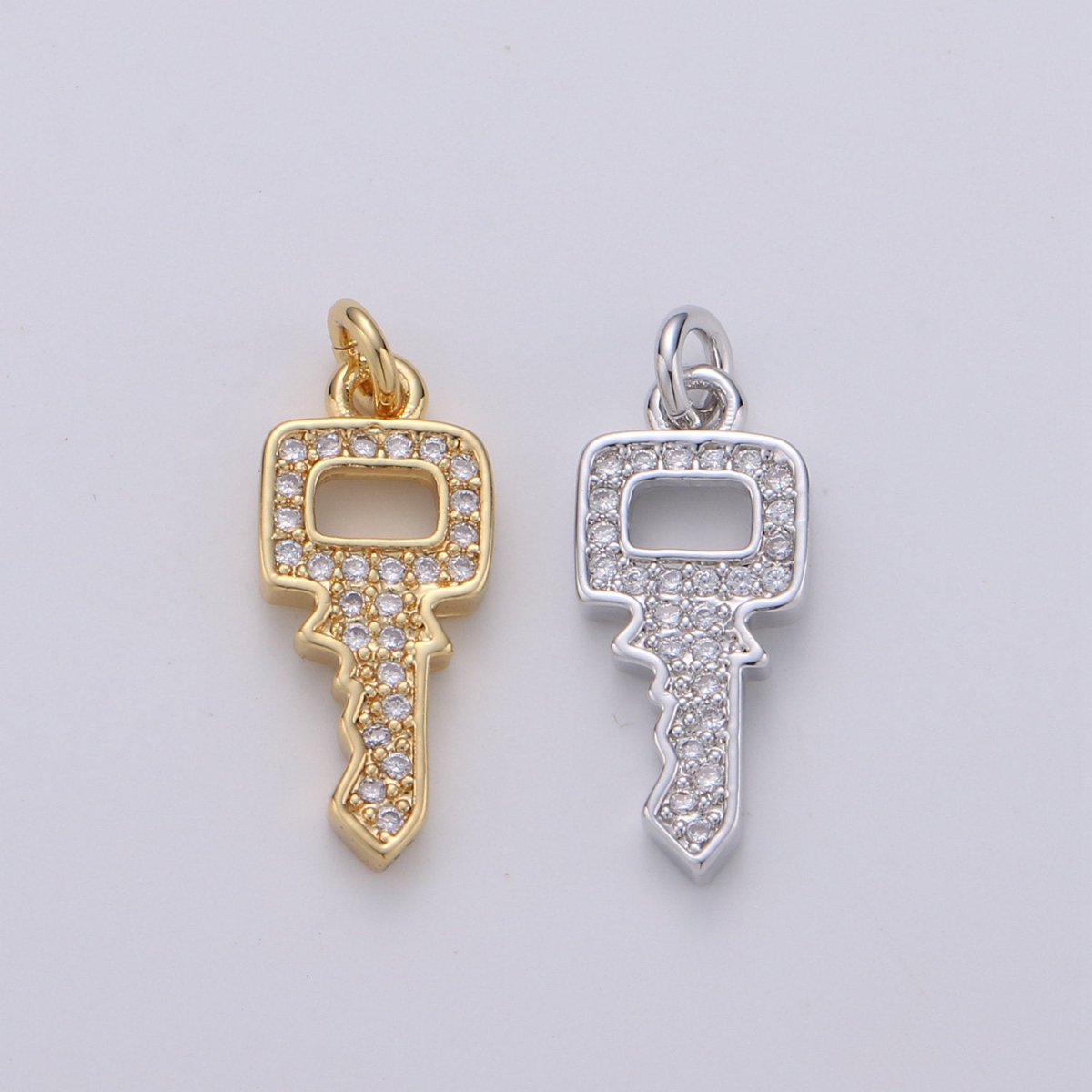 Dainty Key charm with Clear cz• 20x7mm • 24k Gold Filled• Sparkly Cubic Zirconia Car Key Charm • Silver Charm for Necklace Bracelet Earring D-370 D-371 - DLUXCA