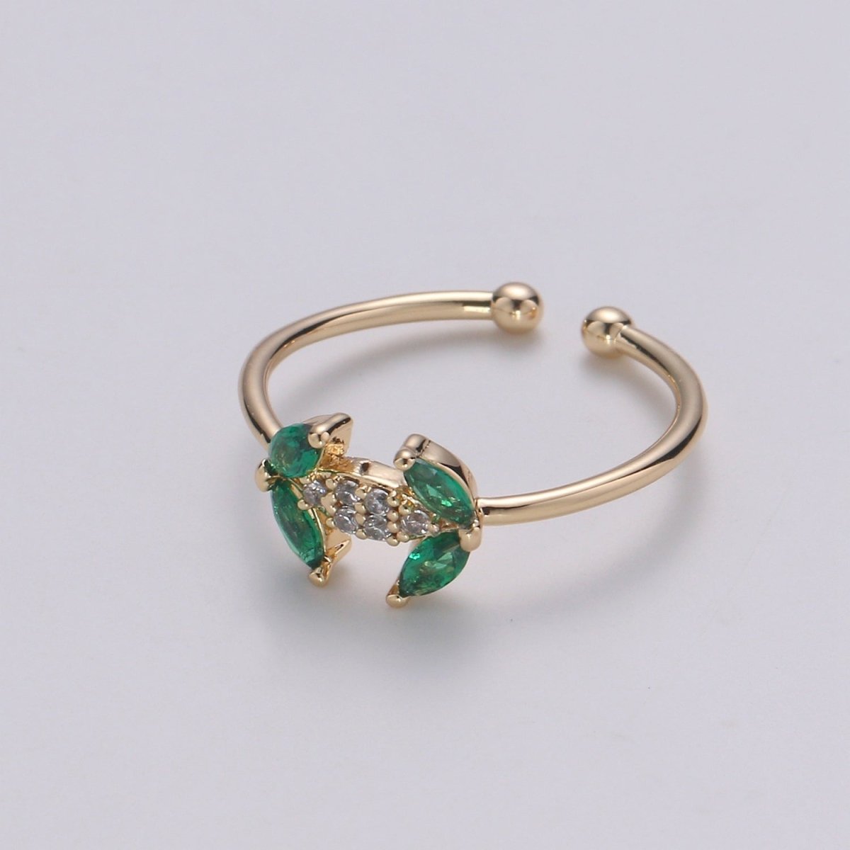 Dainty Leaf CZ Ring - 14k Gold Ring - Green Zirconia Ring - Gold Open Ring - Minimalist Ring Adjustable Layering Stacking Ring | R-140 - DLUXCA