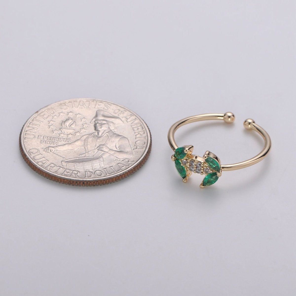 Dainty Leaf CZ Ring - 14k Gold Ring - Green Zirconia Ring - Gold Open Ring - Minimalist Ring Adjustable Layering Stacking Ring | R-140 - DLUXCA