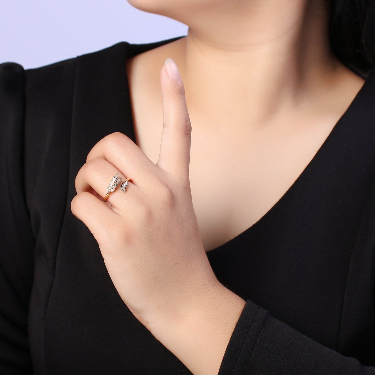 Dainty Leaf Ring Open Adjustable Micro Pave Ring for Minimalist Jewelry U-034 - DLUXCA