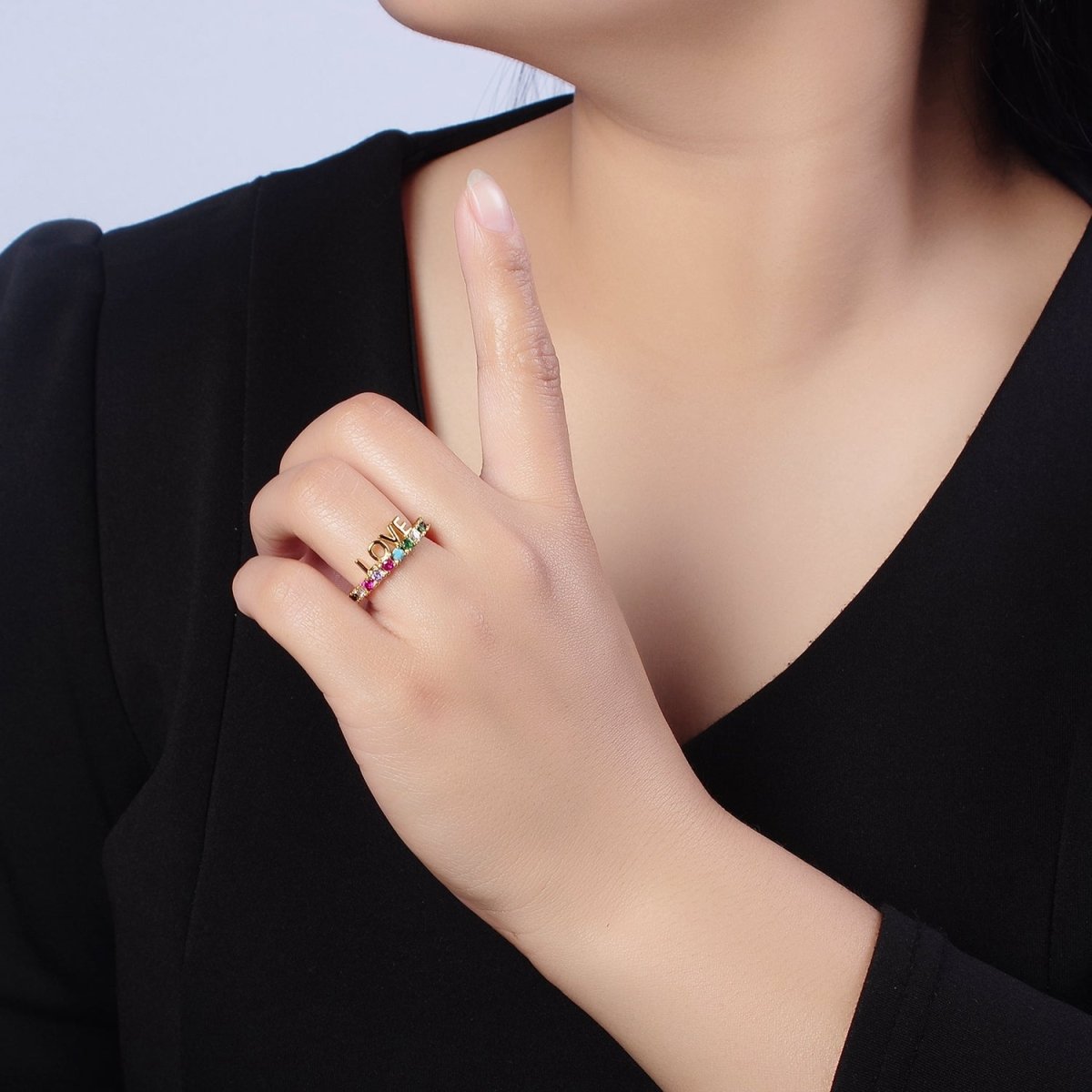 Dainty Love Script with Color CZ Stone Ring Gold Ring O-2108 - DLUXCA