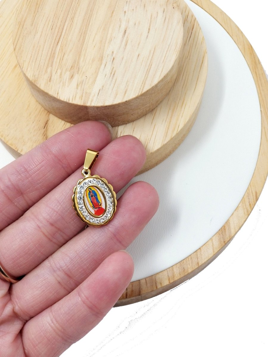 Dainty Madonna Charm, Virgin Mary Charm in 18K Gold Filled w/CZ, 25mmX15mm Necklace Pendant Religious Jewelry Making Supply J-556 J-571 - DLUXCA