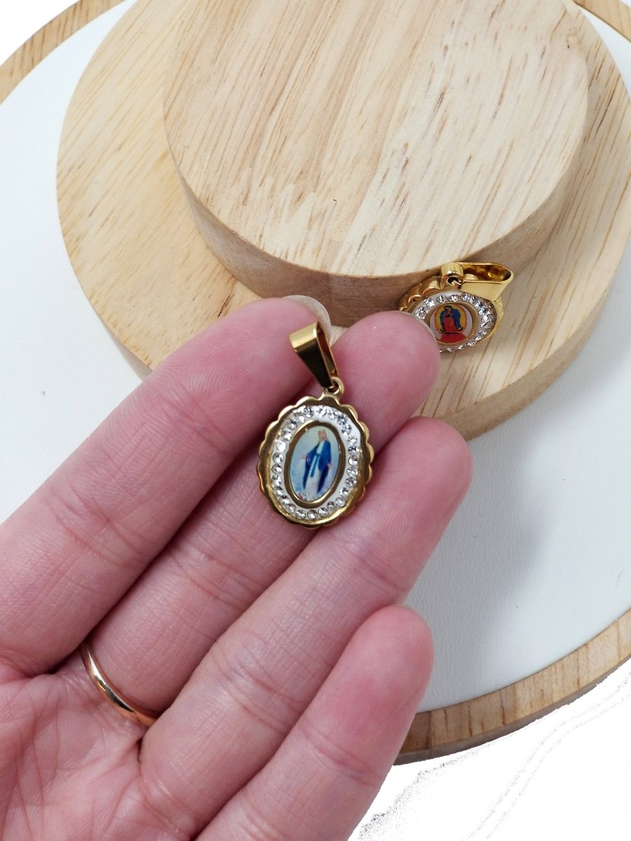 Dainty Madonna Charm, Virgin Mary Charm in 18K Gold Filled w/CZ, 25mmX15mm Necklace Pendant Religious Jewelry Making Supply J-556 J-571 - DLUXCA