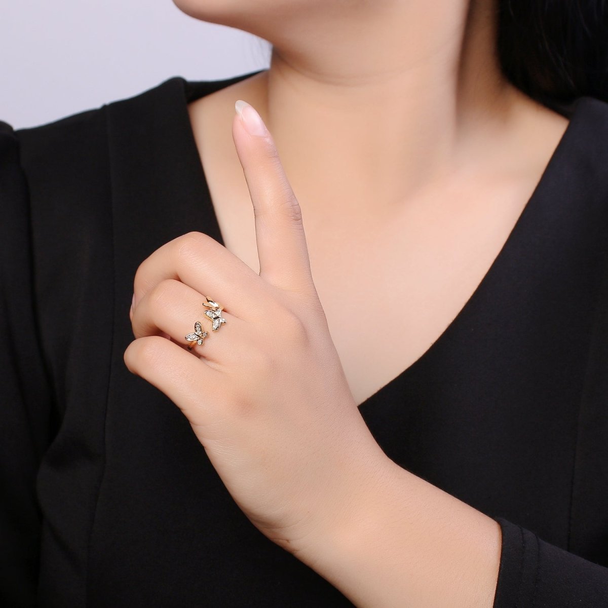 Dainty Mariposa Ring with Gold Cz Butterfly Open Adjustable Ring O-960 - DLUXCA