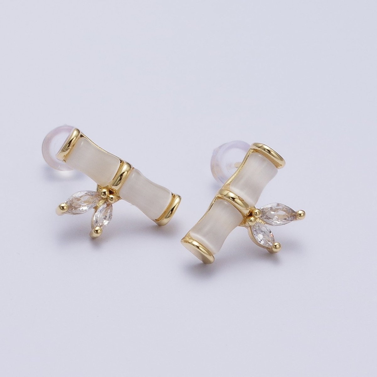 Dainty Marquise Cubic Zirconia White Cats Eye Bamboo Stud Earrings | Y-153 - DLUXCA