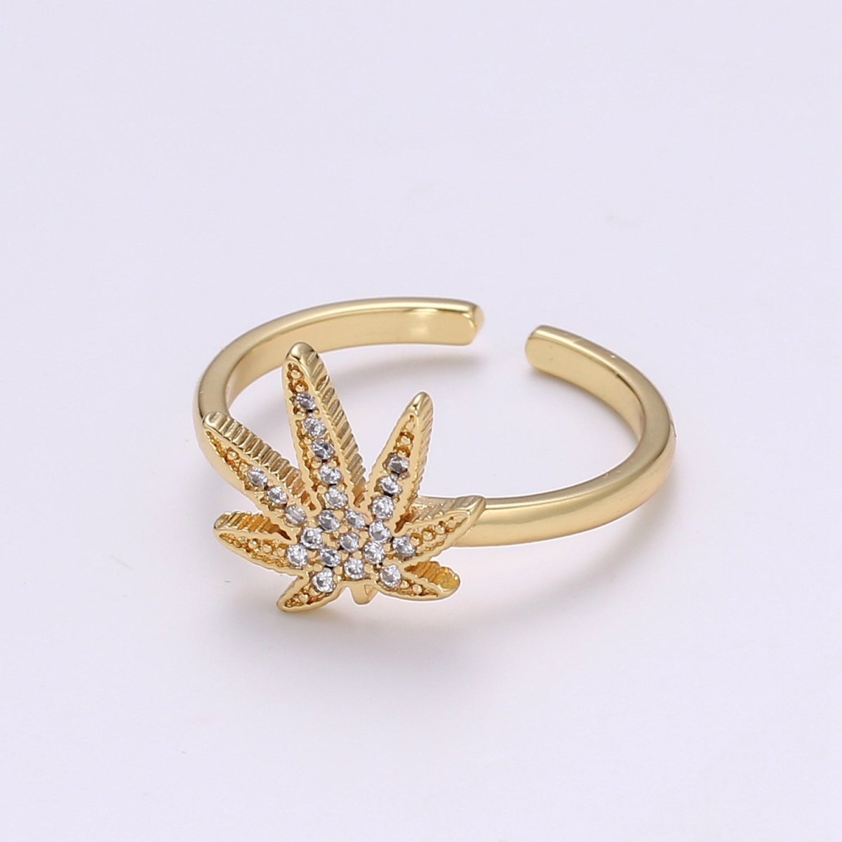 Dainty Mary Jane Ring | Studded Cannabis Ring | Marijuana Ring | Cubic Gold Filled Open Ring Adjustable Ring Gift | Weed Ring | For Woman R331 - DLUXCA